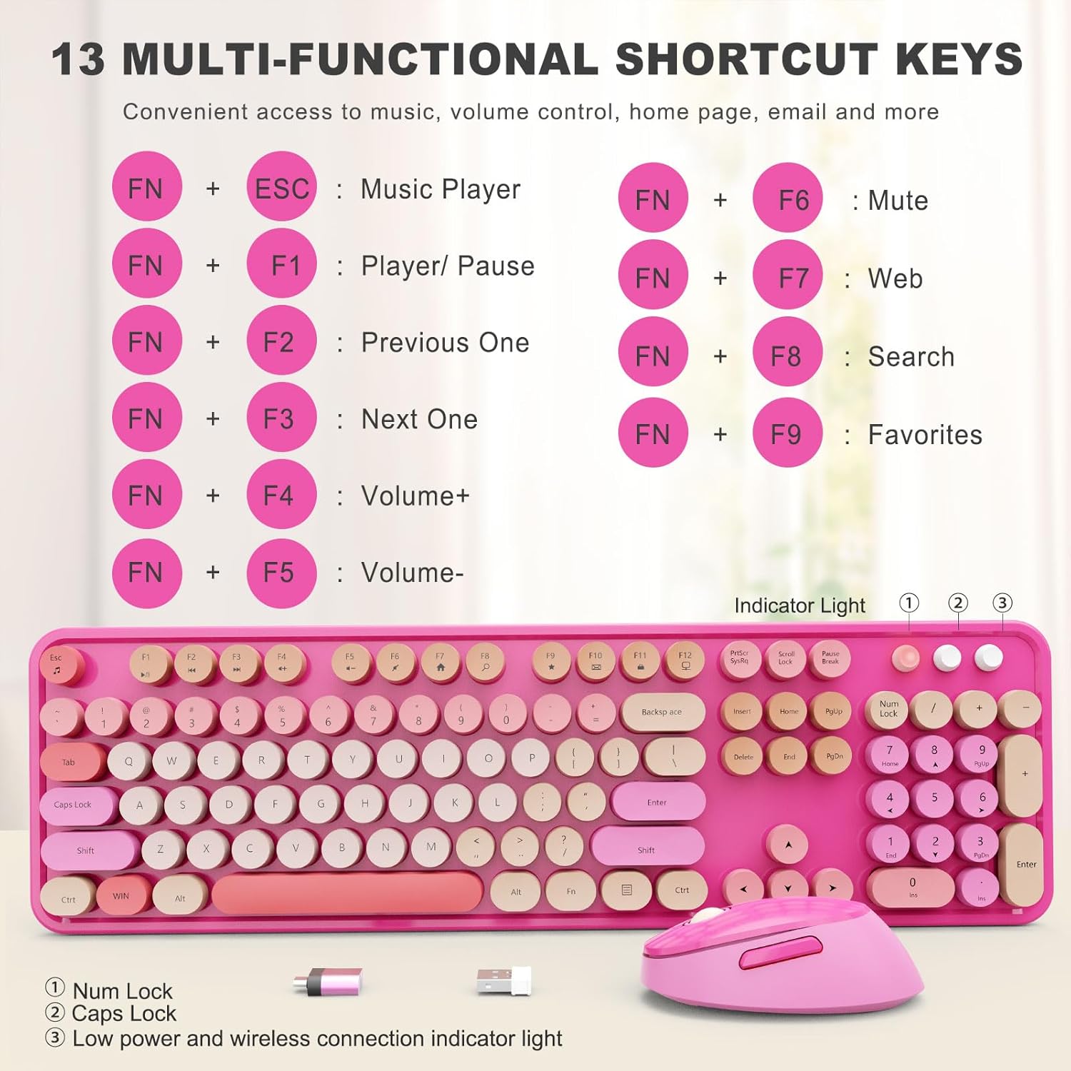 Wireless Keyboard and Mouse Combo, Ergonomic Full Size Typewriter Retro Round Keycaps Keyboard, Compatible with Windows, PC, Perfer for Home and Office Keyboards (Red)