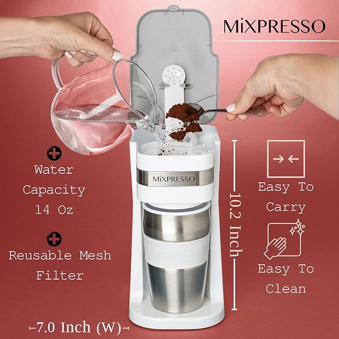 Mixpresso White Personal Single Serve Coffee Maker with 14oz Travel Mug, Drip Small Coffee Maker with Auto Shut Off, Reusable Filter, Works with Ground Coffee Only – Not for K-Cup Pods