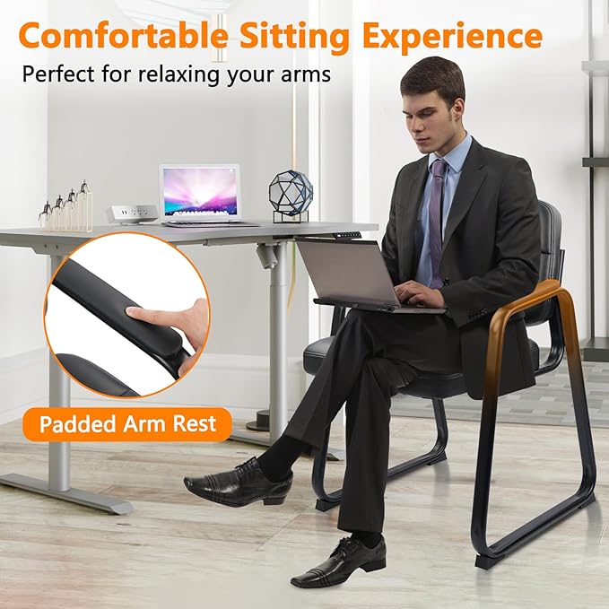 CLATINA Waiting Room Guest Chair with Bonded Leather Padded Arm Rest for Office Reception and Conference Desk Black with Sled Base 2 Pack