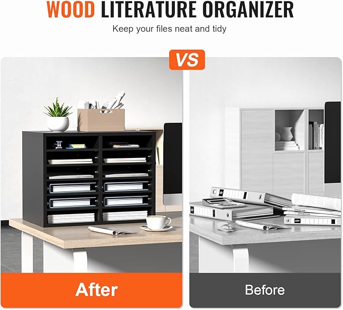 VEVOR Literature Organizers, 12 Compartments Office Mailbox with Adjustable Shelves,Wood Literature sorter 20.4x12x16.1 inches for Office, Home, Classroom, Mailrooms Organization, EPA Certified Black