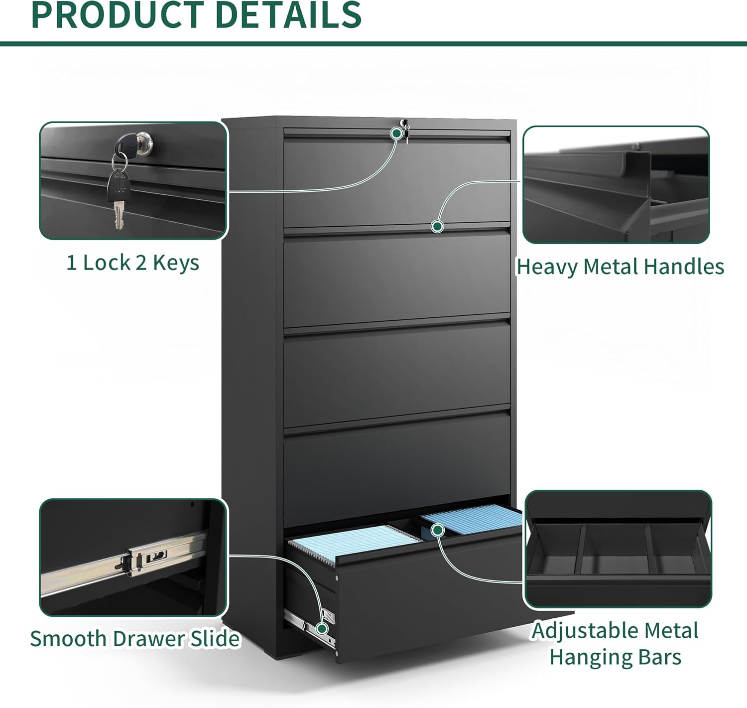 Lateral File Cabinet 5 Drawer, Metal File Cabinets for Home Office Legal/Letter A4 Size, Filing Cabinet with 5 Lock, Require Assembly, Black