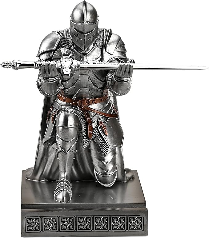 Medieval Armored Warrior Wearing Outerwear, Mobile Phone Stand Knight Pen Holder Desk Organizers, Resin Bookends Paperweight with a Letter Opener for Desk (Silver)