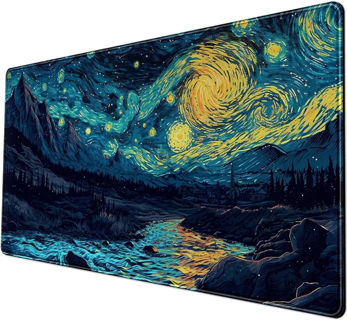 Misty Forest Desk Pad Mat Vincent Van Gogh XL Mouse Pad Gaming Playmat Large Mousepad XXL Desk Laptop Pad Equipped with Waterproof Storage Bag Non-Slip Stitched Edges (31.5x15.7 in)