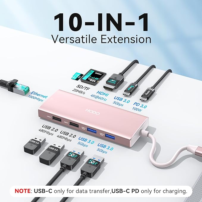 USB C Hub Multiport Adapter, 10-in-1 Laptop USB C Docking Station for Dell/HP Laptop, Type C Dock to 4K HDMI,Ethernet,100W PD,3USB 3.0, 2USB 2.0, SD/TF, Thunderbolt Dock for MacBook, Surface, Lenovo