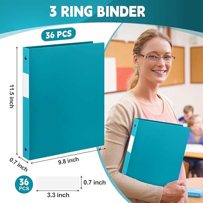 Henoyso 36 Pcs 3 Ring Binder 1/2'' Round Fits Letter Size 8. 5'' x 11'' Paper Plastic Flexible Binder Holds 100 Sheets with 1 Pockets Versatile Organizer for Office Home School (Turquoise)