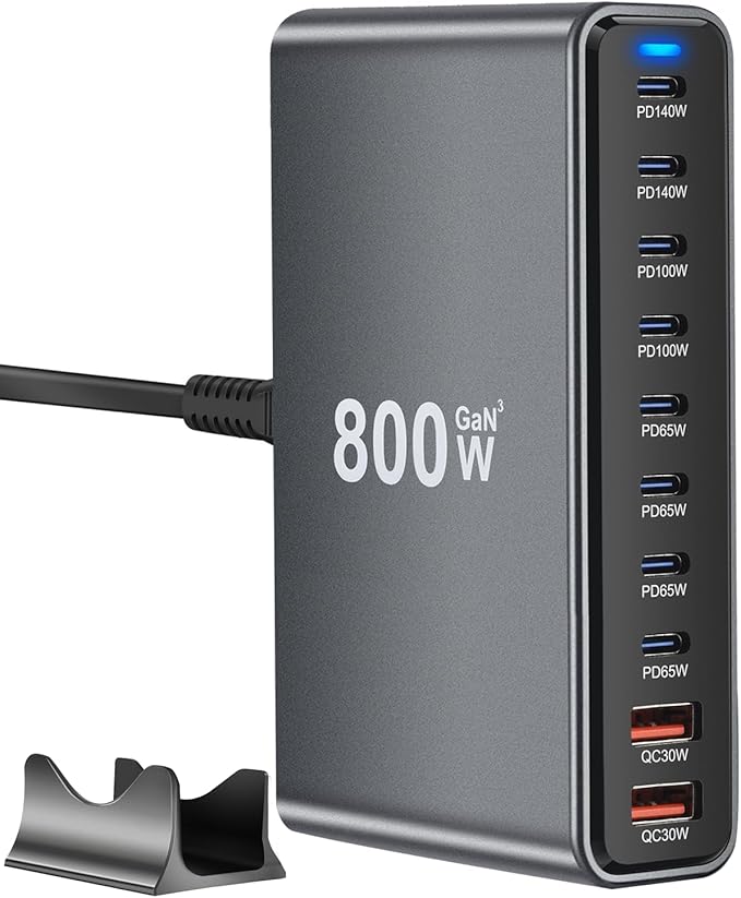 800W USB C Fast Charger Block, 10 Port USB Charging Station, GaN Ⅲ Pro Dual 140W PD PPS Port for Multiple Devices,Laptop Wall Charger Compatible with DELL, HP, MacBook Pro,iPhone 16,Galaxy S24