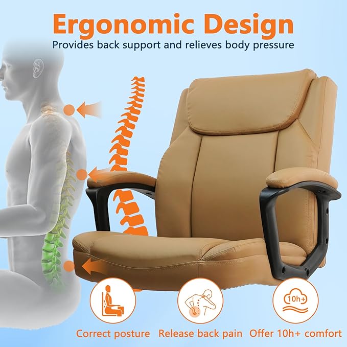 CLATINA Brown Office Computer Chair PU Leather Executive Swivel Adjustable Height Chairs with Upholstery Fixed armrest Mid-Back Leather Thick Cushion Office Chair Brown 4Pack