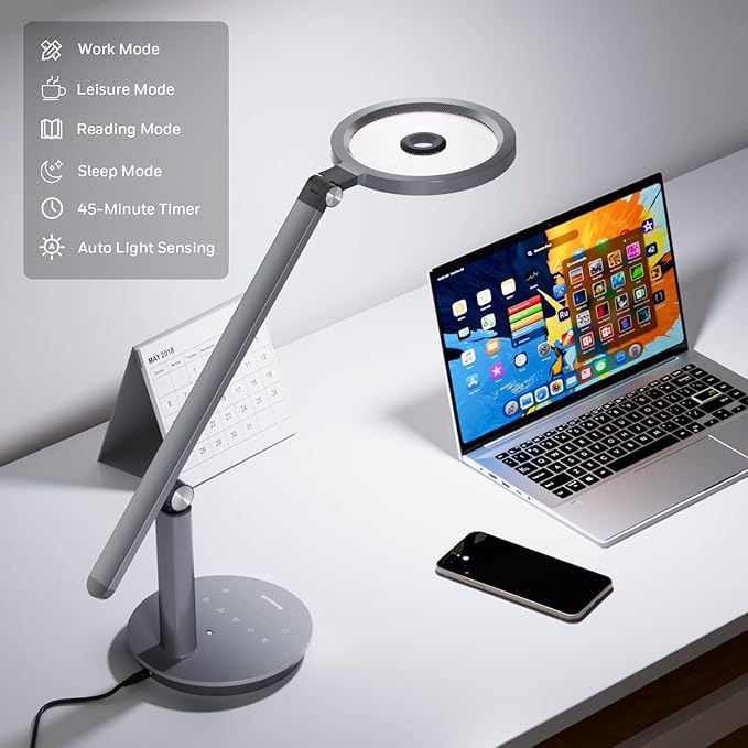 Honeywell Desk Lamp for Home Office, H6 Sunturalux™ Eye-Caring Led Desk Light, 800LM Dimmable Desk Lamp with Timer, Touch Control Tall Desk Reading Light, Table Lamp for Circle Webcam, Study, Bedroom