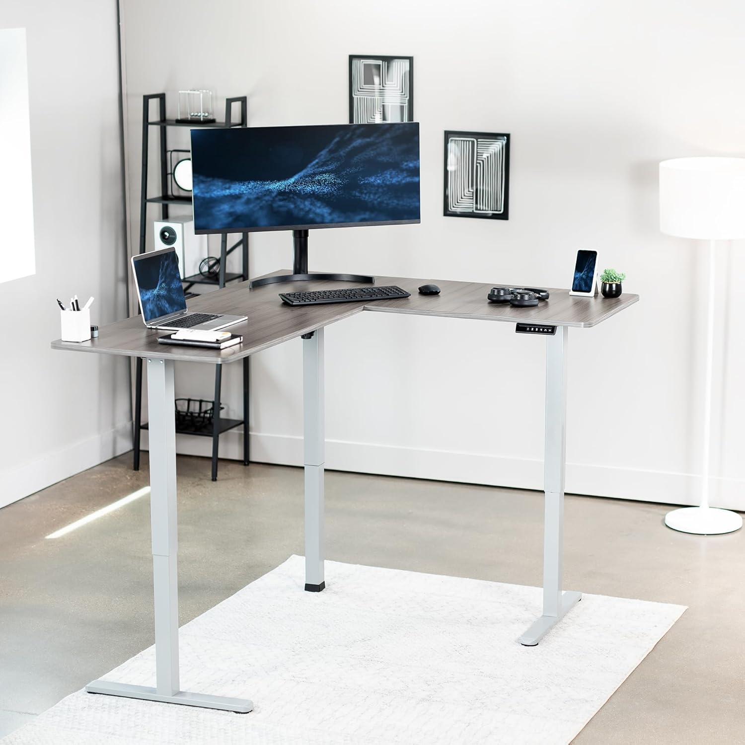 VIVO Electric Corner L-Shaped 63 x 55 in Standing Desk, Memory Height Adjustment, Dark Gray Top Gray Frame, DESK-E3CTGG