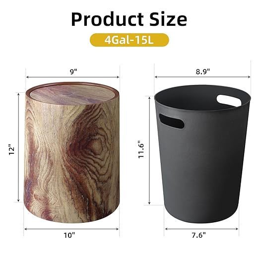 Wood Grain Plastic Trash Can Swing Top Lid, 4Gal/15L Farmhouse Wastebasket Bin Retro Style with Inner Bucket, Bathroom Trash Can Hidden Bag for Room Aesthetic, Round Brown Garbage Can 2pack