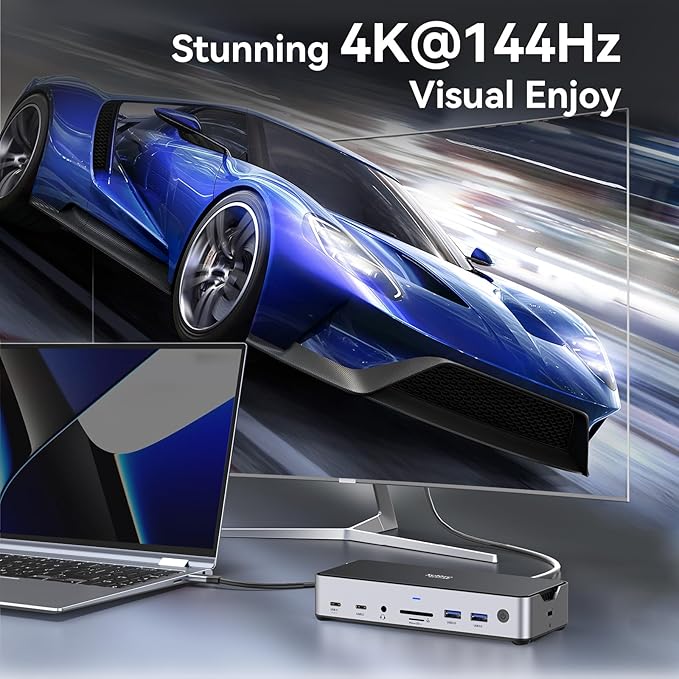 USB C Docking Station 3 Monitors Laptop Dock Dual Monitor with 2 HDMI DisplayPort 4K144Hz,USB A 2.0/3.0,USB C 3.1 10Gbps&30W Output,Ethernet,MicroSD&SD,Audio&Mic,150W DC Power for Dell/Lenovo/HP