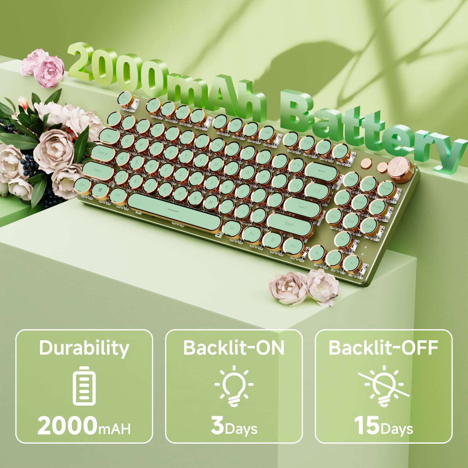 EWEADN V20 Green Typewriter Keyboard,87 Keys Backlit Typewriter Style Mechanical Keyboards, Media Control Knob, Wired/BT5.0/2.4G Typewriter Style Computer Keyboards Pink Switch for Windows/Mac/PC