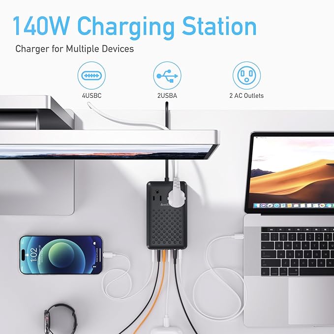 Charging Station 140W USB C Charger Block, Upgraded GaN III 8-in-1 Fast Charging Station Hub,PD 65W Laptop Charger Adapter Compatible with Compatible with MacBook Air/Pro,iPhone16/15,Galaxy S24 etc