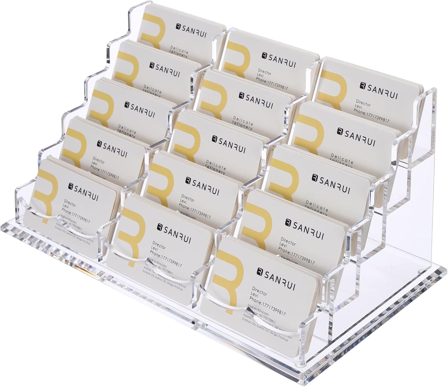 SANRUI Acrylic Multiple Business Card Holder Display for Desk , 15 Slots Business Card Stand , Clear Horizontal 5 Tier Business Card Holders, Holds 750-900 Cards