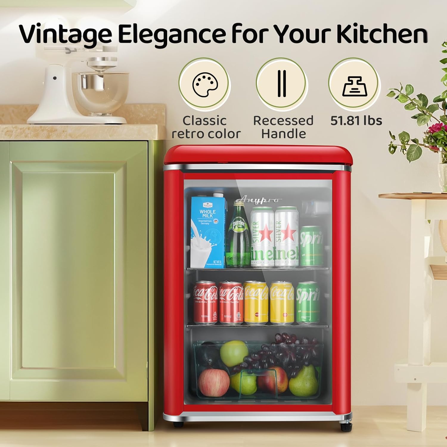 3.4 Cu.Ft Retro Small Beverage Refrigerator Cooler with Double Tempered Glass Door, 120 Can Wine Drink Beer Mini Fridge for Office Bedroom Bar with 7 Temperatures, Adjustable Shelves, Red