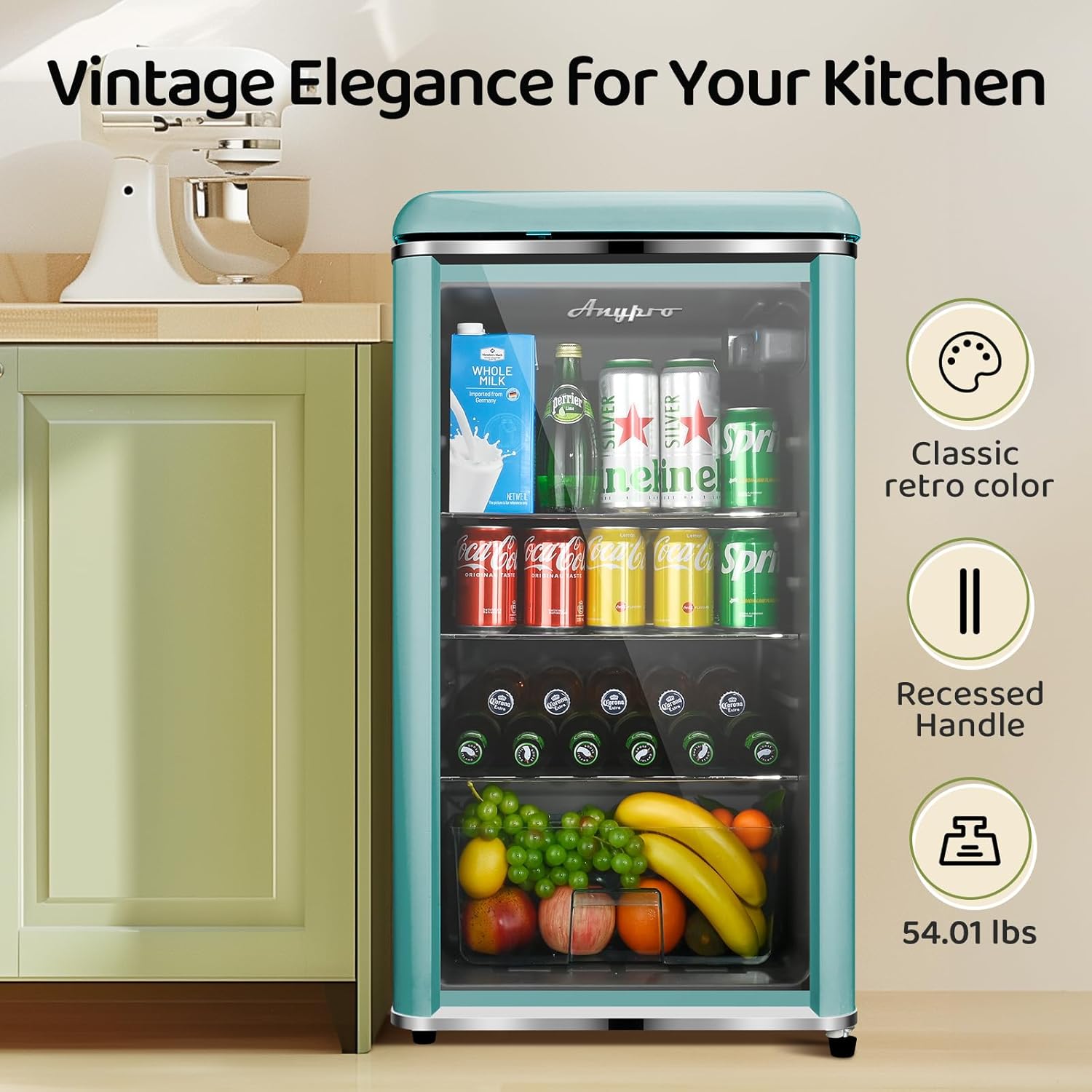 4.9 Cu.Ft Beverage Refrigerator Cooler with Double Tempered Glass Door, 120 Can Wine Drink Beer Retro Small Mini Fridge for Office Bedroom Bar with 7 Temperatures, Adjustable Shelves, Blue