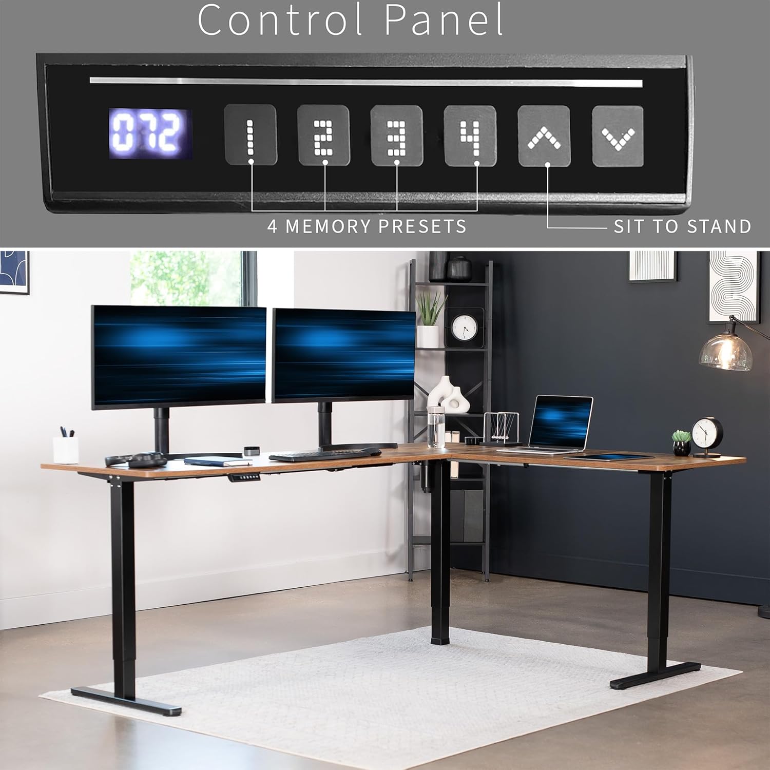 VIVO Electric Corner L-Shaped 84 x 63 in Rustic Standing Desk, Memory Height Adjustment, Vintage Brown Top Black Frame, DESK-E3CTBN-84