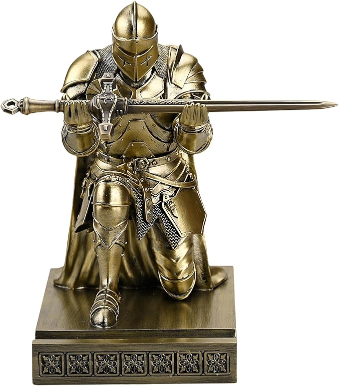 Medieval Armored Warrior Wearing Outerwear, Mobile Phone Stand Knight Pen Holder Desk Organizers, Resin Bookends Paperweight with a Letter Opener for Desk (Bronze)