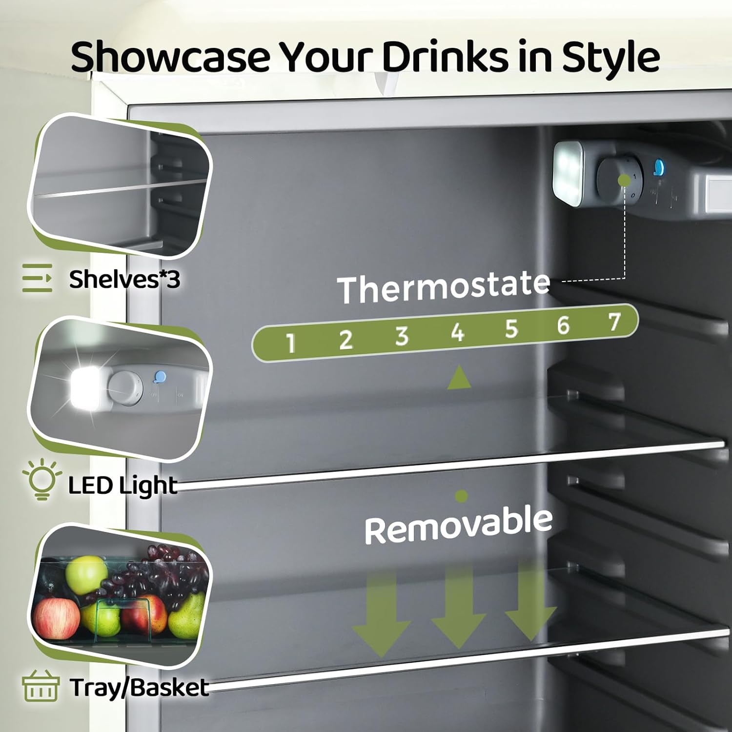 Small Beverage Refrigerator Cooler, 4.9 Cu.Ft Retro Mini fridge with Double Tempered Glass Door, 160 Can Wine Drink Beer Fridge for Office Bedroom Bar, 7 Temperatures and Adjustable Shelves