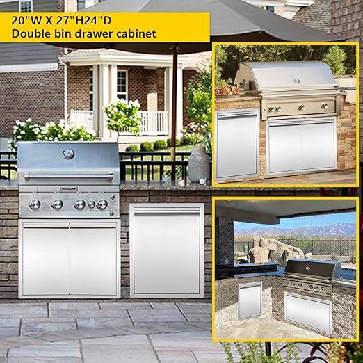 Pull-Out Double Trash Drawer Stainless Steel Outdoor Kitchen Trash Drawer Storage for Two 10 Gallon Commercial Wastebaskets…