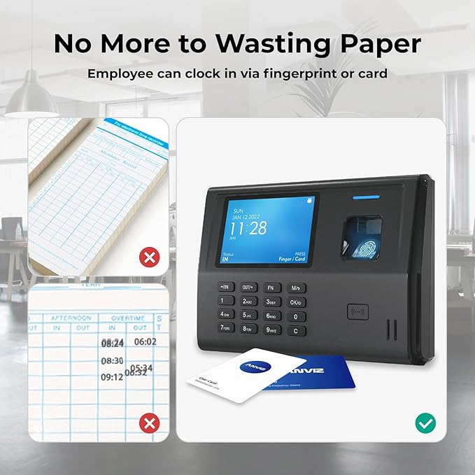 ANVIZ Time Clocks for Small Business Employees - No Monthly Fee No Software Required - Fingerprint Biometric Clock in and Out Machine - Right Out of The Box, Finger + RFID + Pin Punching