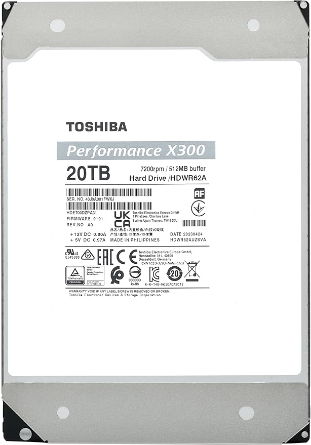 Toshiba X300 20TB Performance & Gaming 3.5-Inch Internal Hard Drive – CMR SATA 6 GB/s 7200 RPM 512 MB Cache - HDWR62AXZSTA