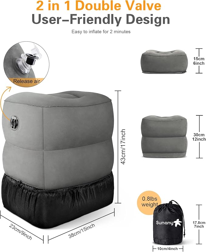 Sunany Inflatable Foot Rest Pillow for Airplane - Kids/Adults - Adjustable Height Cushions, to Sleep While Traveling,Suitable for Office,Home and Any Travel(Dark Grey,2 Pack)