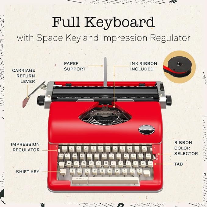 Maplefield Vintage Manual Typewriter Machine - Red Typewriter for Writers & Authors - Antique Desk Decor & Office Accessory - Compact Design & Easy Setup
