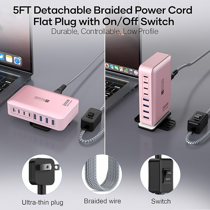 8-Port USB C Fast Charger Block 200W with Flat Plug, Braided Power Cord, and On/Off Switch- USB Charging Hub for iPhone, iPad, MacBook and More- 65W C Port Power Adapter for Laptops