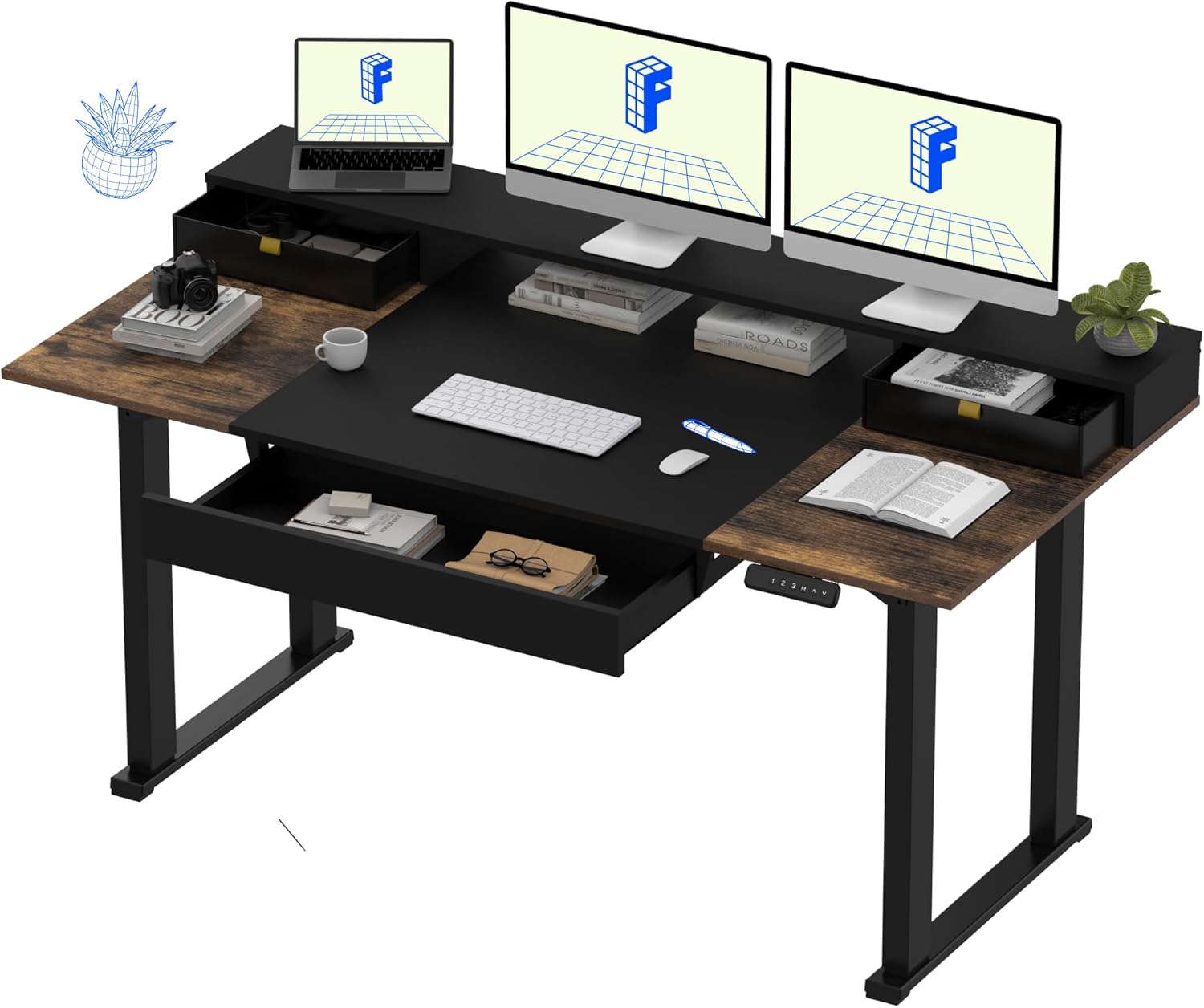 FLEXISPOT 4-Leg Standing Desk with Storage 71x32 in Electric Adjustable Height with 3 Drawers & Shelving Home Office Workstation (Black + Special Walnut Top)