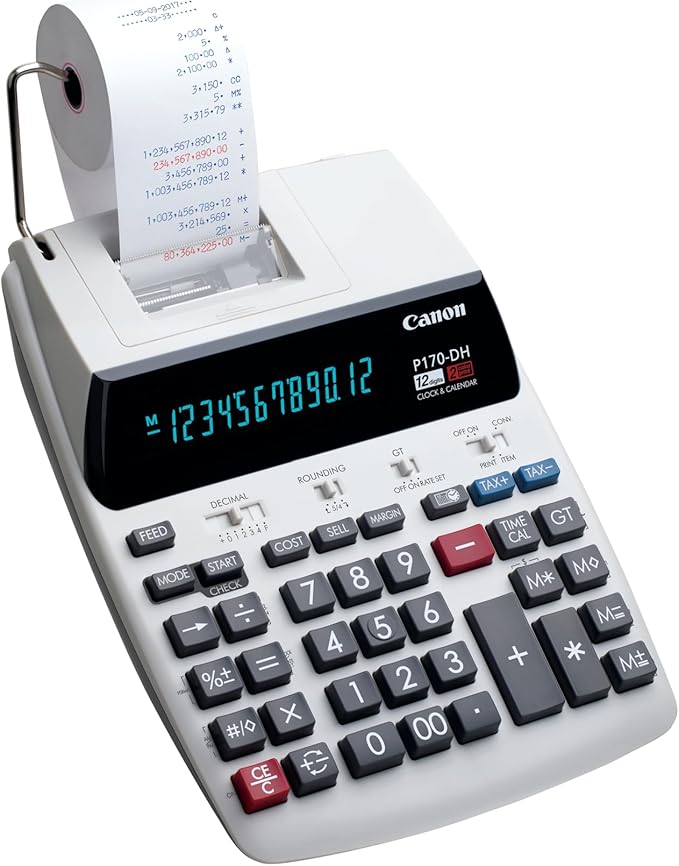 Canon Office Products 2204C001 Canon P170-DH-3 Desktop Printing Calculator with Currency Conversion, Clock & Calendar, and Time Calculation, Black/White/Silver, 14.60 Inch x 9.60 Inch x 3.00 Inch