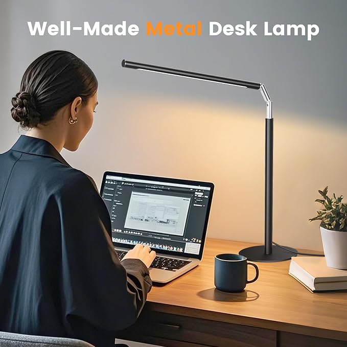 Metal LED Desk Lamp for Home Office - Foldable Industrial Desk Light with Base, 16" Dimmable Table Lamp for Reading, 4 Color Temps, 15W Modern Desktop Lamp for College Dorm Study Task Work