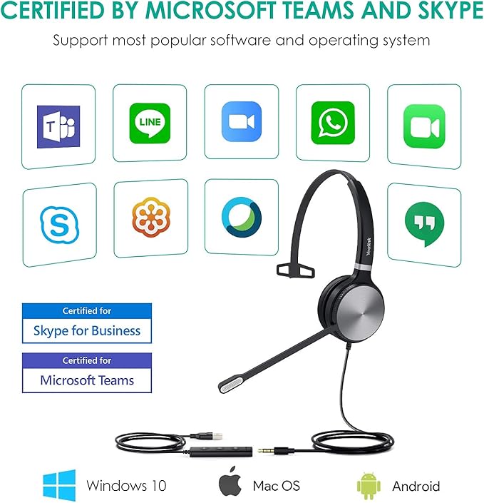 Yealink UH36 Professional USB Headset Wired Headphones for Work Calls and Music, Headset with Noise Cancelling Mic for Computer PC Laptop(UC Compatible, Mono,3.5mm Jack/USB Connection)