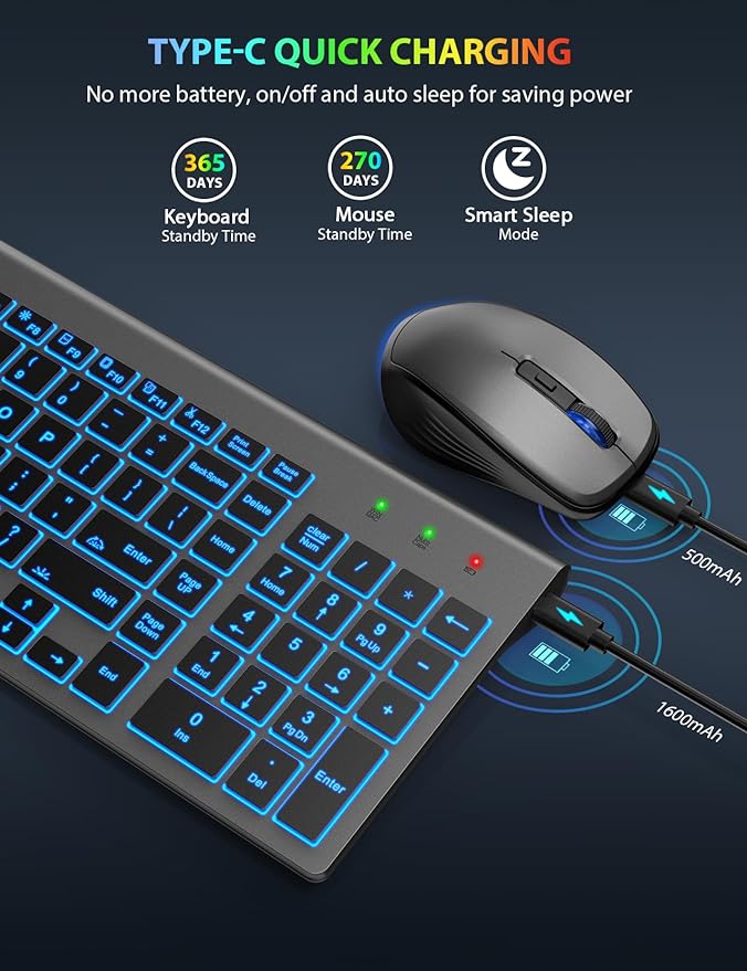 SABLUTE Wireless Keyboard and Mouse Combo Backlit - Compact Quiet Keyboard with RGB Mouse, Rechargeable, Slim, Sleep Mode, Portable Cordless Keyboard Mouse Set for Mac, Windows, Laptop (Space Gray)