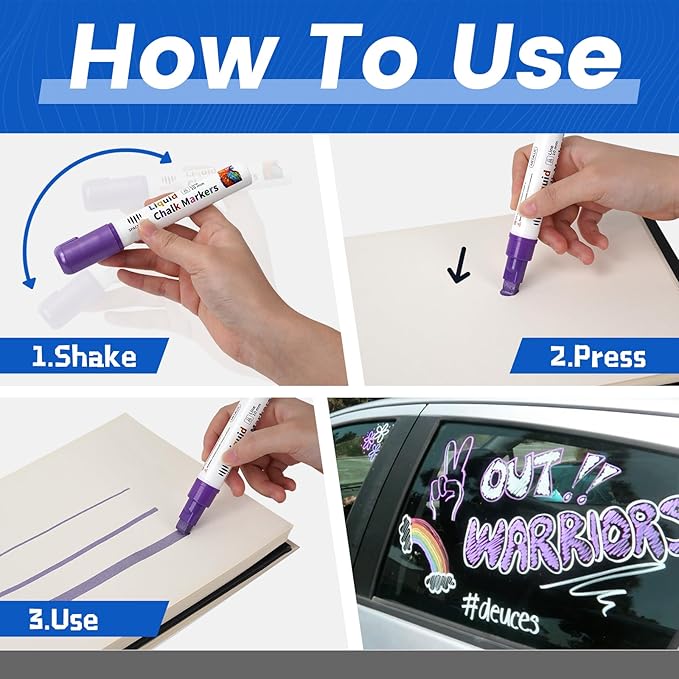 Jumbo Chalk Markers for Windows Washable, 8 Metallic Colors Liquid Chalk Pens Erasable with 10mm Thick Tips for Auto, Glass, Mirror, Poster, Bistro, Blackboard, Car of DIY