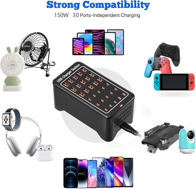 Charging Station, USB C Charger Block, 150W 30-Port【15USB-C + 15USB-A】, Travel Charger Station Fast Charger Desktop USB Wall Charger Compatible iPhone, iPad, Tablets, Smartphones