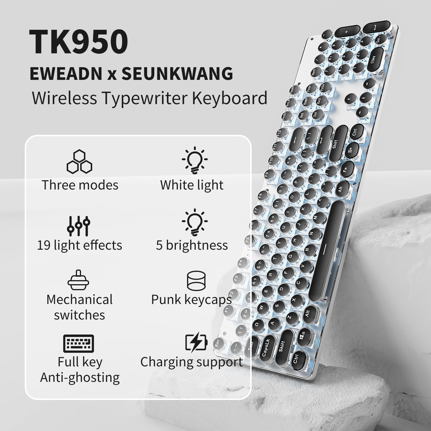 EWEADN TK950 Typewriter Keyboard Wireless Mechanical Keyboard, 104 Keys Aesthetic Typewriter Keyboards with Blue Backlit, Anti-Ghosting, Blue Switch Bluetooth/2.4GHz/Wired Cute keyboards-Black