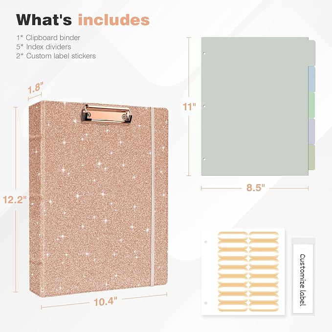 Ospelelf 3 Ring Binder 1 Inch, Vintage Leather Clipboard Binder Organizer for Letter Size (8.5" x 11"), Professional Binder Organizer Dividers with 5 Tabs, Rose Gold