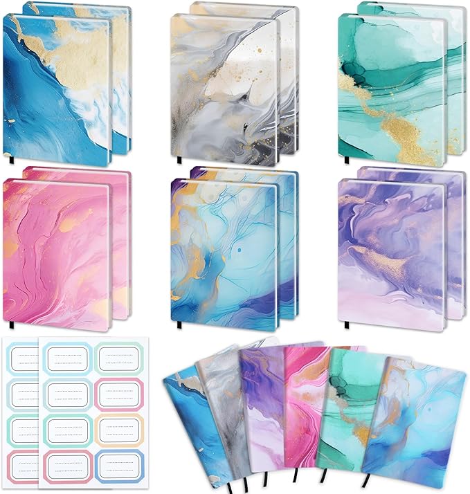 Jumbo Stretchable Book Covers 12PCS Reusable Fabric Book Cover with Label 9x11in Marble Print Protective Sleeve for Hardcover Book Textbook Cover for School Fits Most Book Sizes Up to 10x12.5in