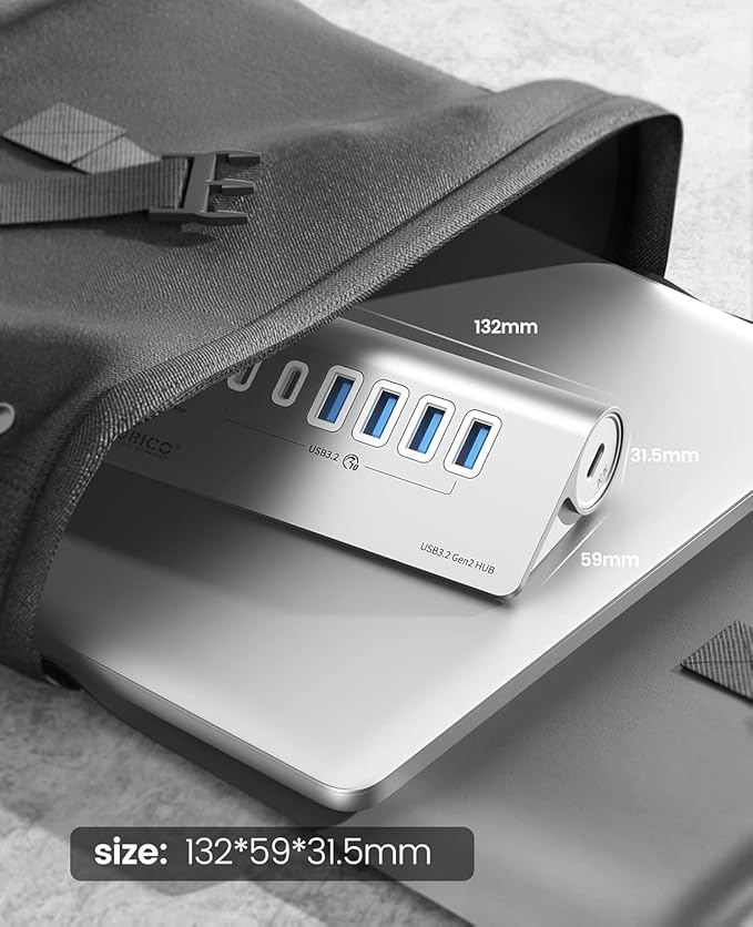 ORICO 7 Port USB Hub 10Gbps, Aluminum USB 3.2 Gen 2 Hub, 6 USB 3.2 Data Ports, 1 PD 60W Ports, 24V 3A Power Adapter, 3.28Ft A to C Cable, USB Data Hub for Laptop