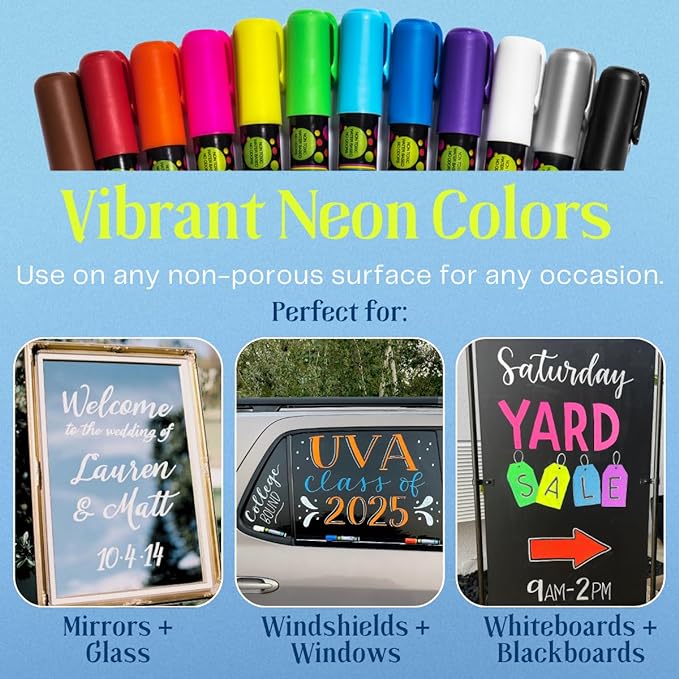 Liquid chalk markers 12 neon erasable Whiteboards, glass boards, chalkboards, windows, mirrors, car windshields, auto, glass. Odorless, non-toxic. Wet or dry erase. Thick and thin tip