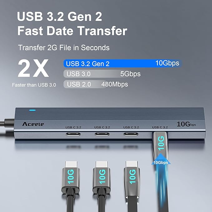 Aceele USB C Hub 10Gbps, 4 Port USB 3.2 Gen 2 Hub, USBC to USB-C Hub with Type-C Power Port, 2ft Extension Long Cable USBC Adapter Data Hub for MacBook Pro, MacBook, Samsung Chromebook, etc