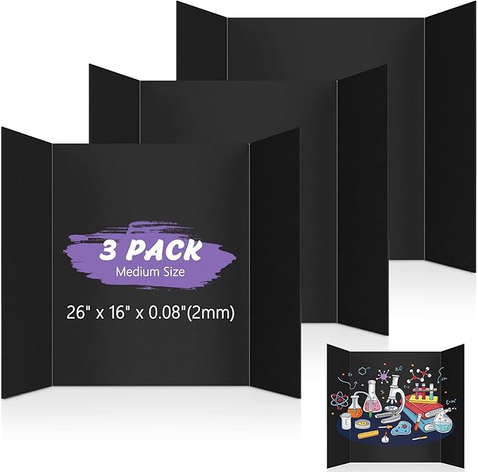 3 Pack Medium Trifold Poster Board 26" x 16" Tri Fold Poster Boards Black Corrugated Cardboard Project Boards for Presentations, School Projects, Science Fair, Exhibition Event Display