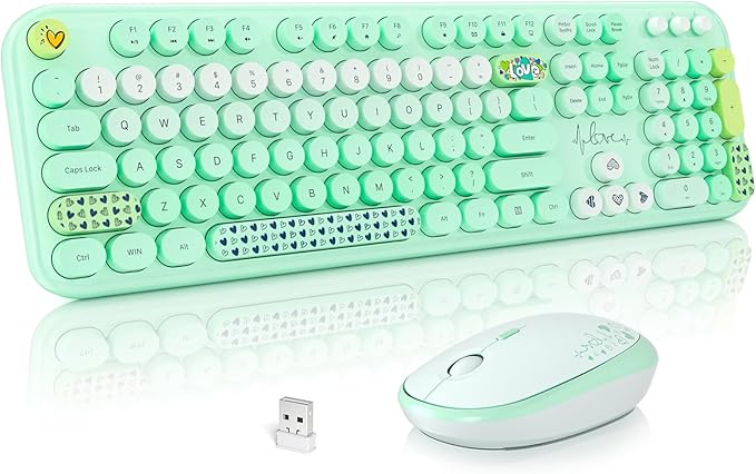 MOFII Wireless Keyboard and Mouse Combo, Cute Full Size Retro Typewriter Keyboard and Wireless Mouse, 2.4GHz Set for PC/Desktop/Laptop/Windows (Green Colorful)