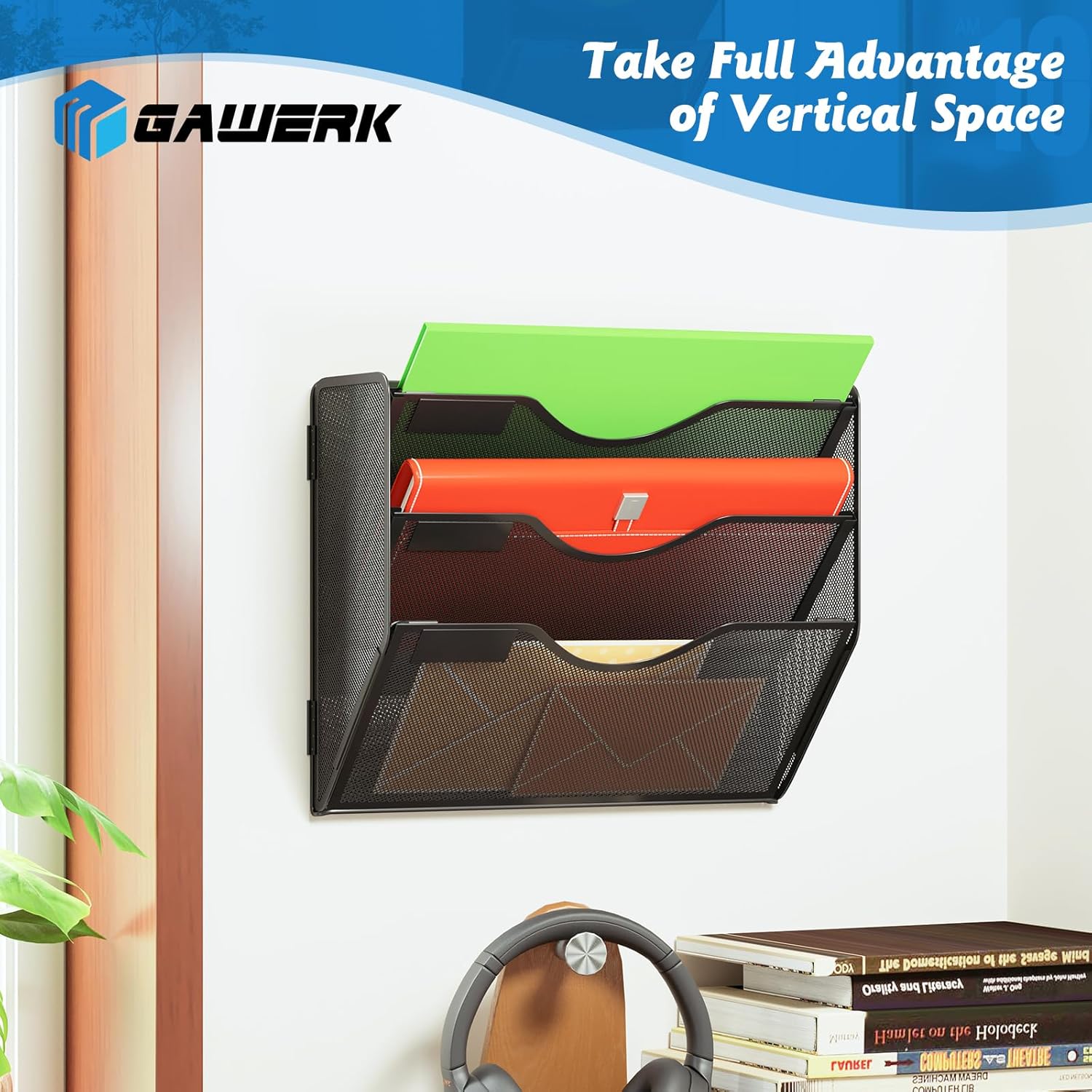 3 Tier Hanging Wall File Organizer, Mesh Mail Paper Orgnization Hanging File Folder Holder for Home Office, Black