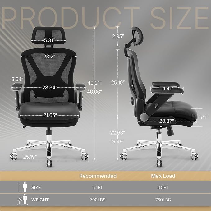 750lbs Big and Tall Office Chair- Heavy Duty Executive Chair with 5D Flip Arms and Adjustable Lumbar Support, Ergonomic Mesh High Back Desk Chair, Ergonomic Executive Home Office Computer Chair