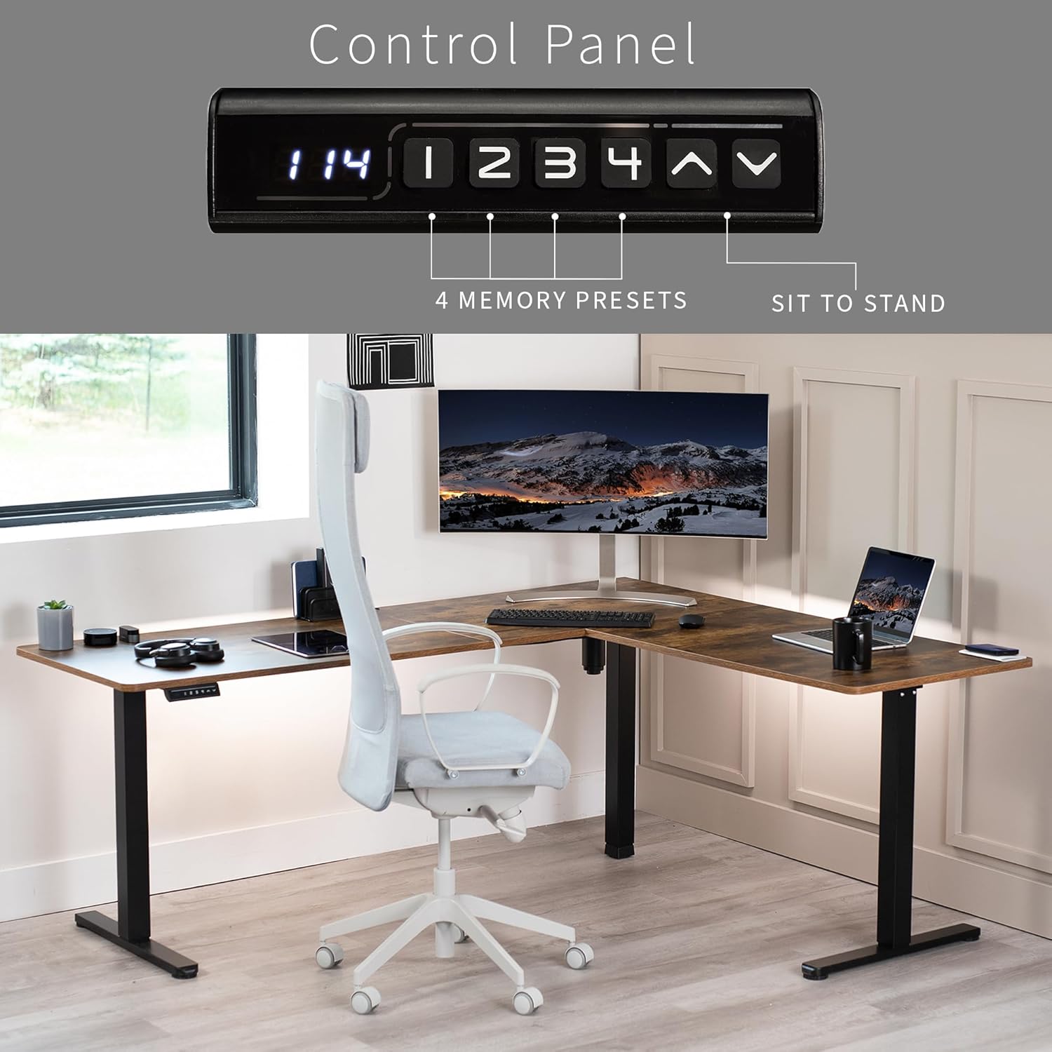 VIVO Electric Corner L-Shaped 75 x 63 in Rustic Standing Desk, Memory Height Adjustment, Vintage Brown Top Black Frame, DESK-E3CTN-75