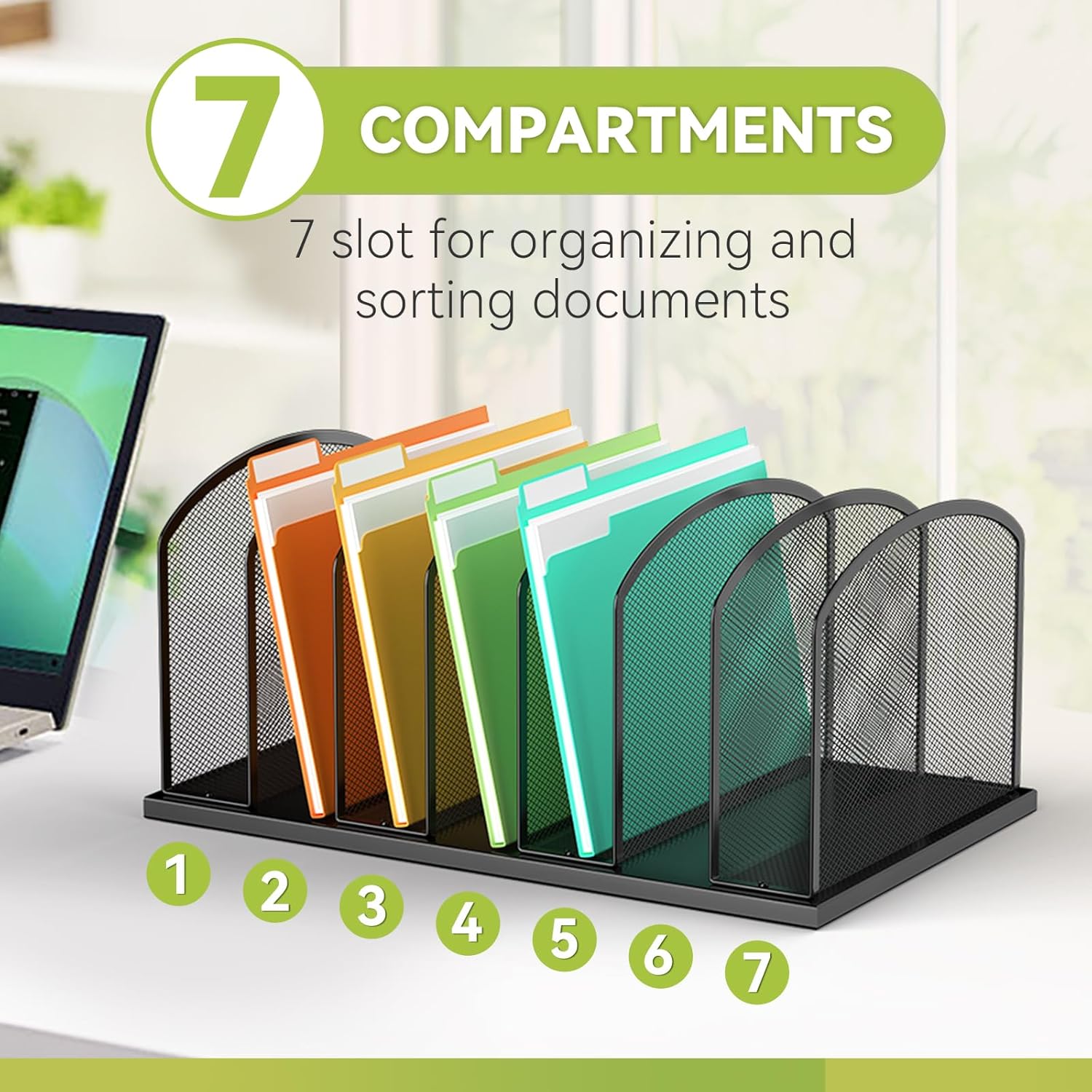 Desk File Organizer 7 Sections Upright Mesh File Sorter Organizer for Desk, Office Organization File Holder for Home, Office & Classroom (Black, 2Pack)