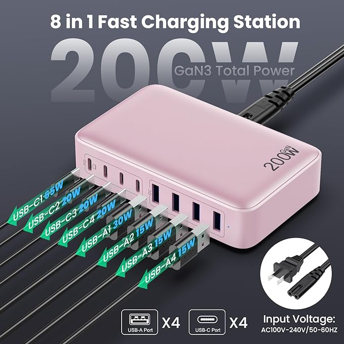USB C Charger 200W USB C Charger Block,Upgraded GaN III 8-Port Fast Charging Station Hub,PD 65W Laptop Charging Adapter Compatible with MacBook Pro/Air,DELL,Steam Deck,iPhone 16/15/14,Galaxy S23/22