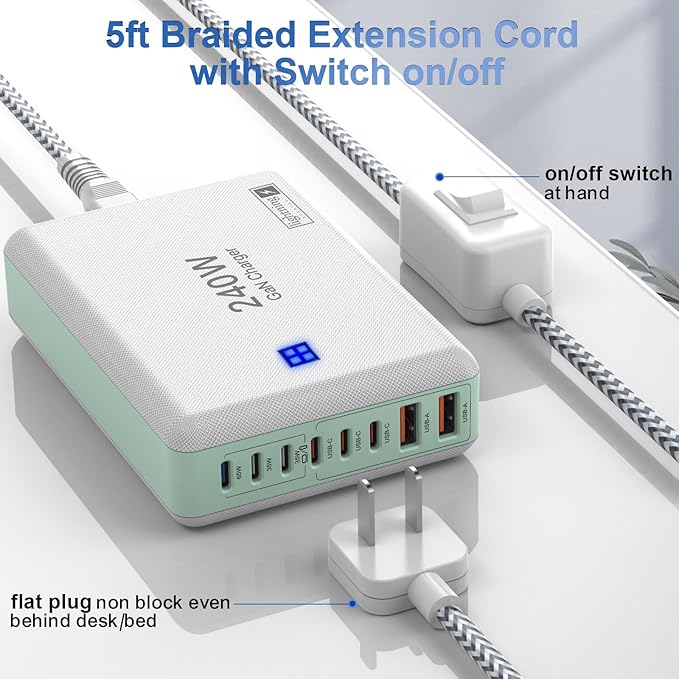 240W Fast Chargers for Multiple Devices 8 Ports, 6 Type C + 2 USB A Charger Block, Charging Station with Slim Flat Plug, 65W Power Hub for Laptops, PD GaN Charger Tower for iPhone, Samsung